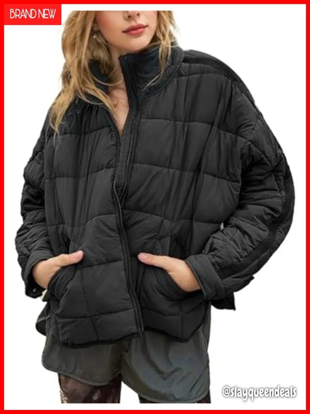 Quilted Puffer Jacket Zip Up Oversized Lightweight Padded Down Coat